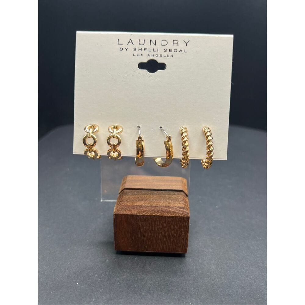 Laundry by Shelli Segal Gold Tone Mixed Hoop Chain Link Twist 3 Pair Earring Set